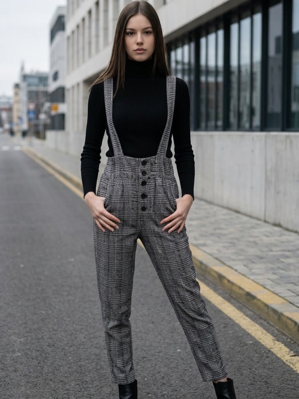 Haute Monde Black/White Plaid Button Front Overall Jumpsuit S Adjustable